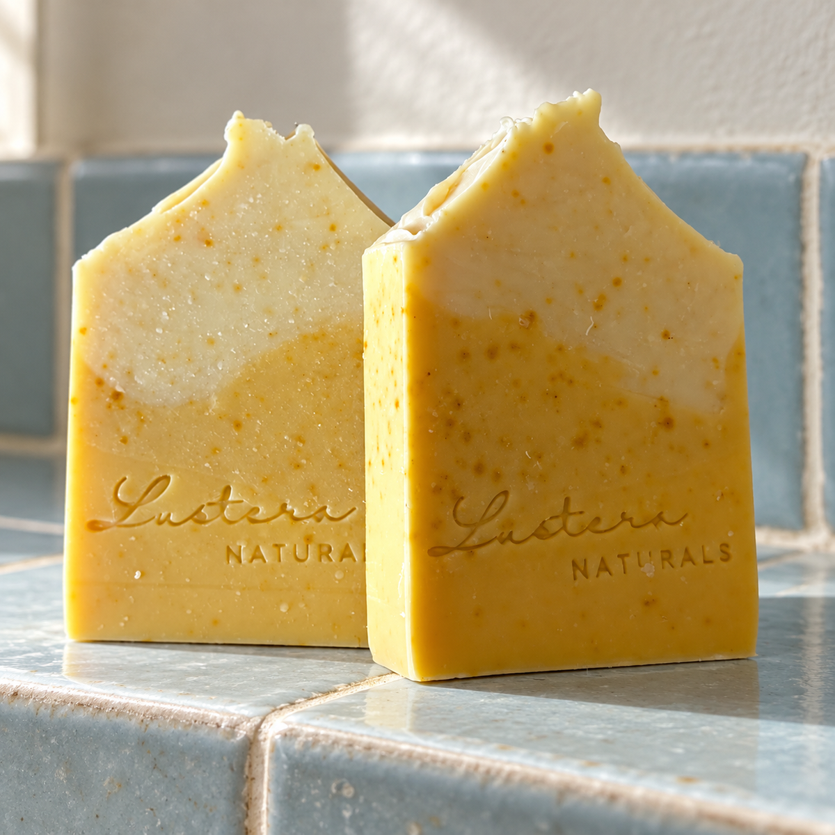 Two Golden Sunrise handcrafted soap bars on a pale blue tiled shelf in natural morning light