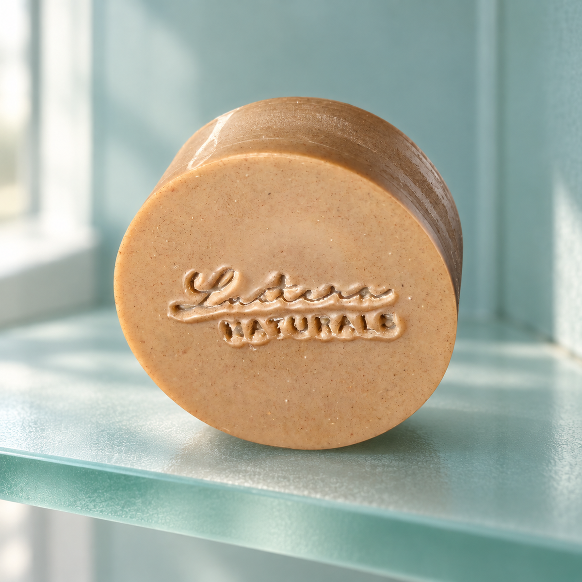 Scalp Sanctuary conditioner bar on a frosted sea-glass shelf
