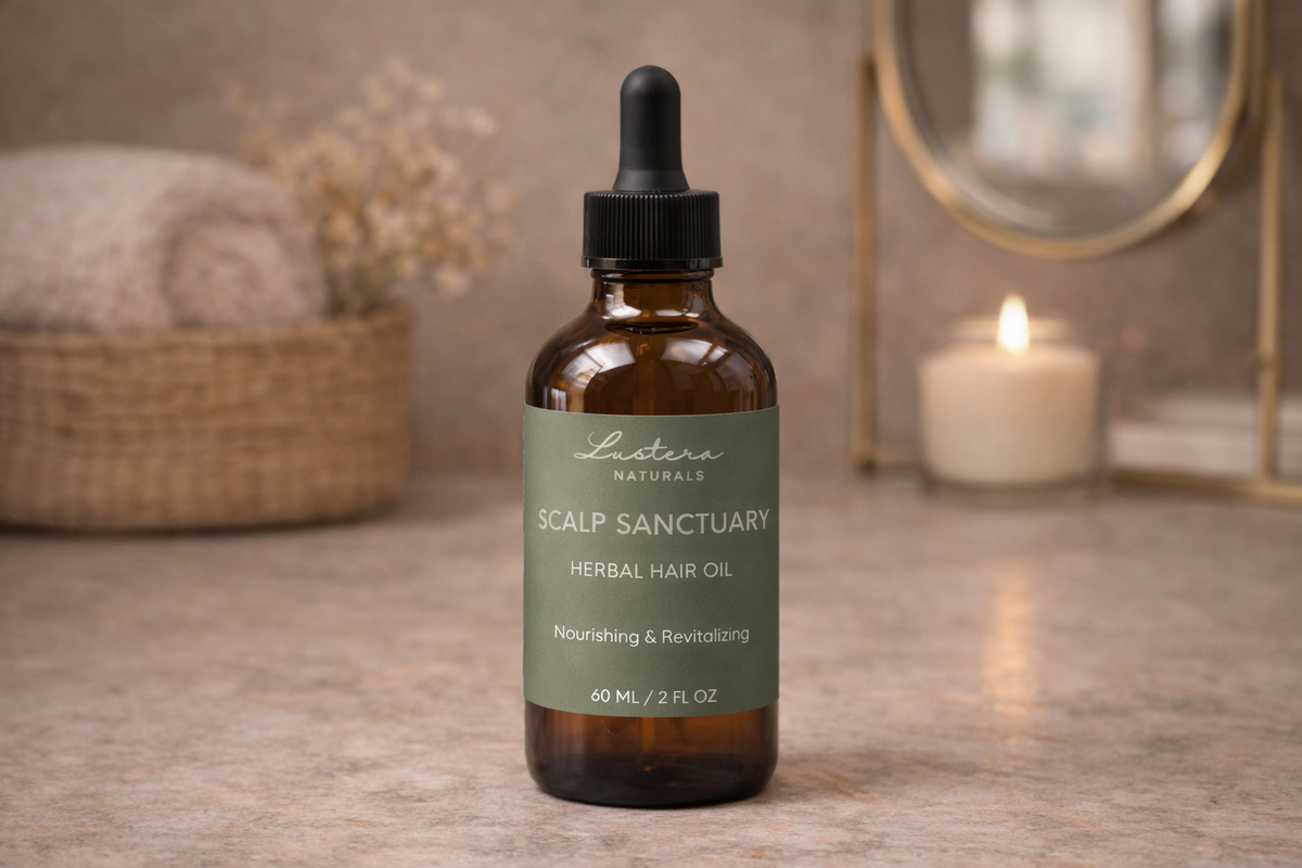 Scalp Sanctuary Herbal Hair Oil in an amber glass dropper bottle