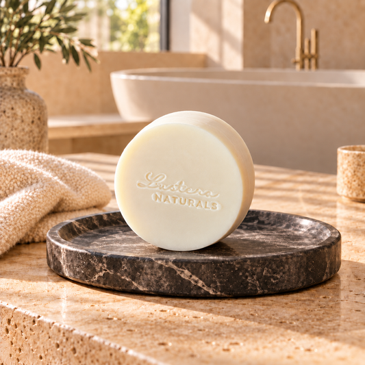 One round ivory Lustera Naturals Aloe Quench conditioner bar on a dark marble dish in a luxurious warm stone bathroom
