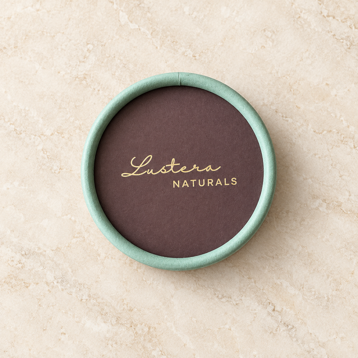 Top view of the mint-green and plum Lustera Naturals conditioner box on a warm ivory stone surface