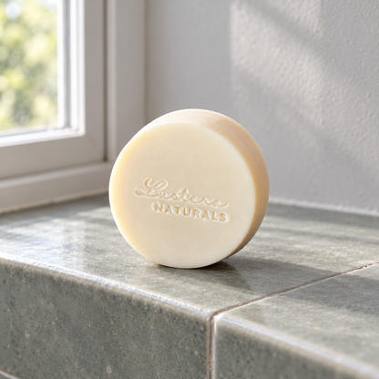 Round ivory Lustera Naturals Aloe Quench conditioner bar with raised stamp on a grey-green tiled windowsill in diffused daylight