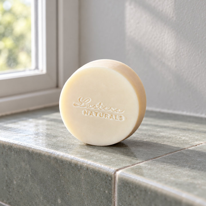 Round ivory Lustera Naturals Aloe Quench conditioner bar with raised stamp on a grey-green tiled windowsill in diffused daylight