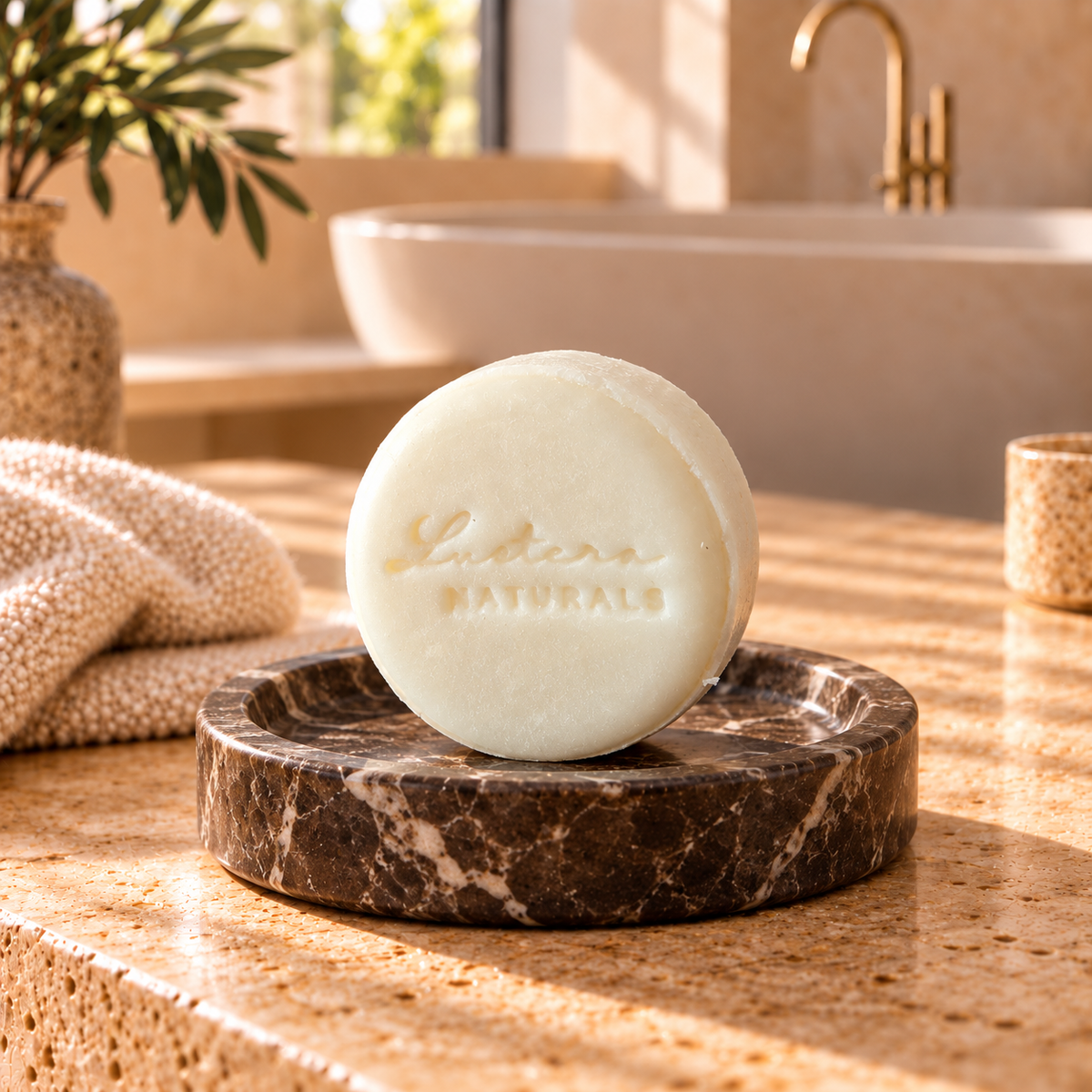 One round ivory Lustera Naturals Aloe Quench shampoo bar on a marble dish in a warm luxury bathroom