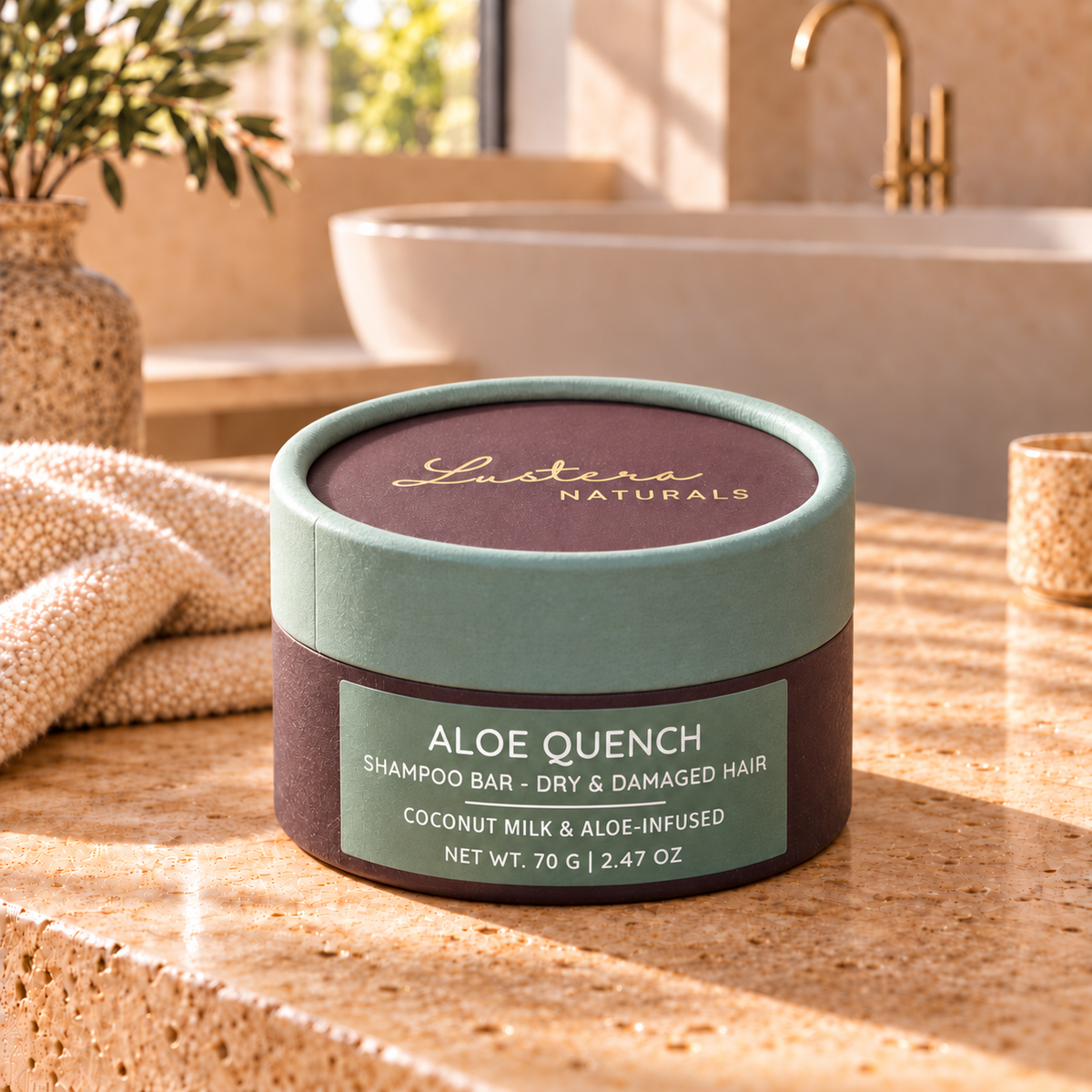 Lustera Naturals Aloe Quench shampoo bar box in a luxury bathroom, with the Coconut Milk and Aloe-Infused label for dry and damaged hair, net weight 70 g