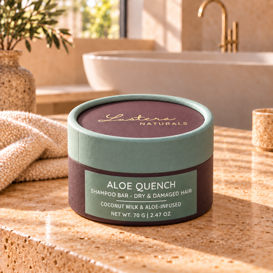 Lustera Naturals Aloe Quench shampoo bar box in a luxury bathroom, with the Coconut Milk and Aloe-Infused label for dry and damaged hair, net weight 70 g