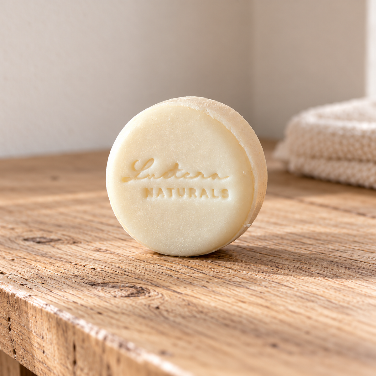 Round ivory Lustera Naturals Aloe Quench shampoo bar with recessed stamp on a pale weathered oak surface in soft daylight