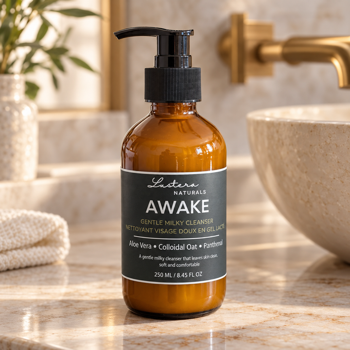 Lustera Naturals Awake Clarity milky cleanser in an amber pump bottle on marble in a warmly lit luxury washroom