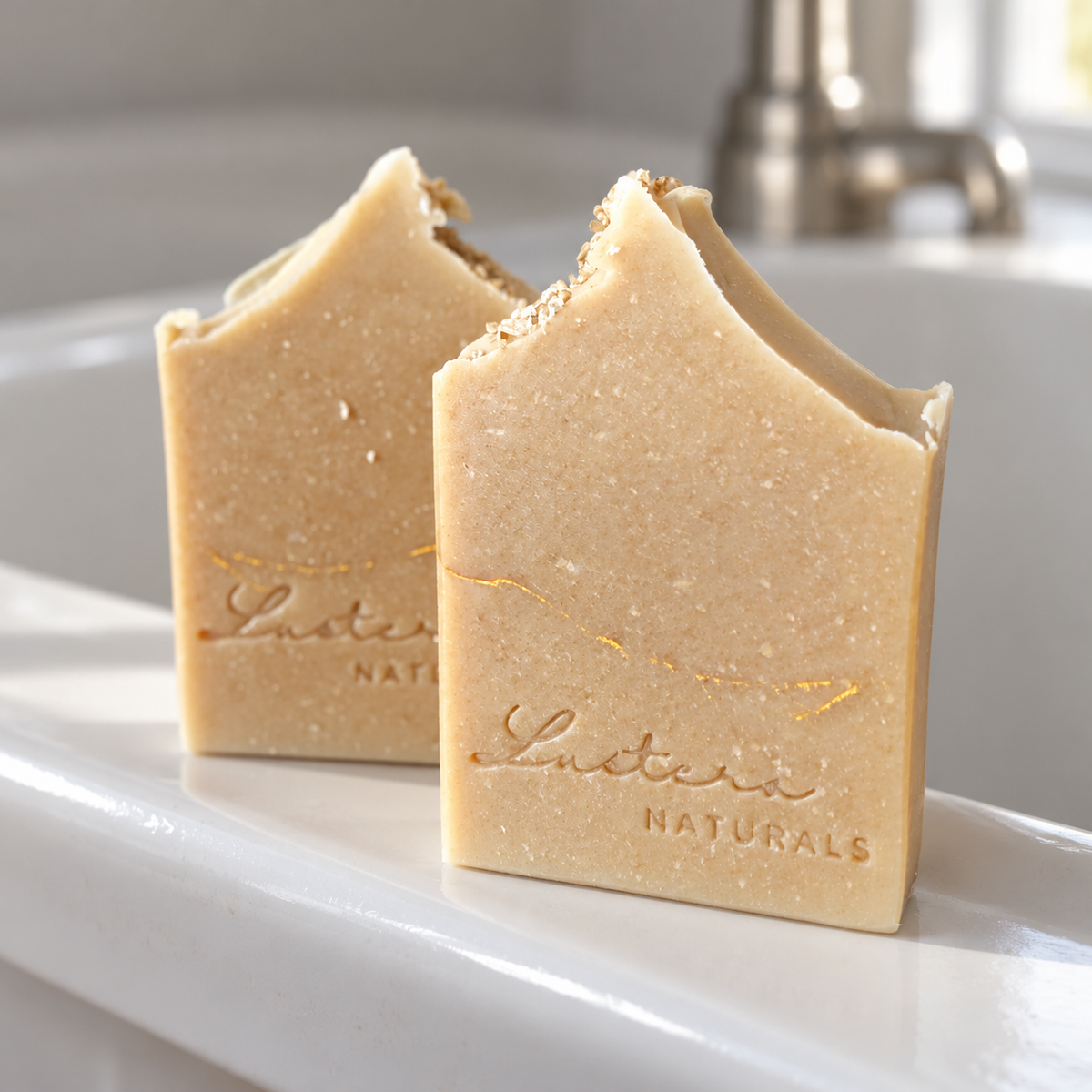 Two unscented Cream Haven soap bars on a white porcelain basin in soft natural light