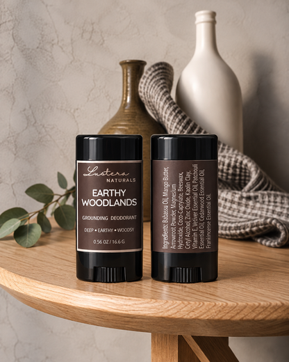 Earthy Woodlands deodorant 16.6 g with front and ingredient labels