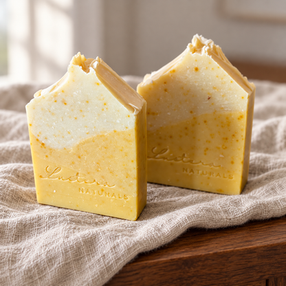 Two Golden Sunrise layered soap bars with annatto speckles on natural linen over walnut