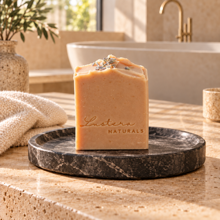 One upright Lustera Naturals Lavender soap bar with dried lavender buds on a dark marble dish in a luxury bathroom