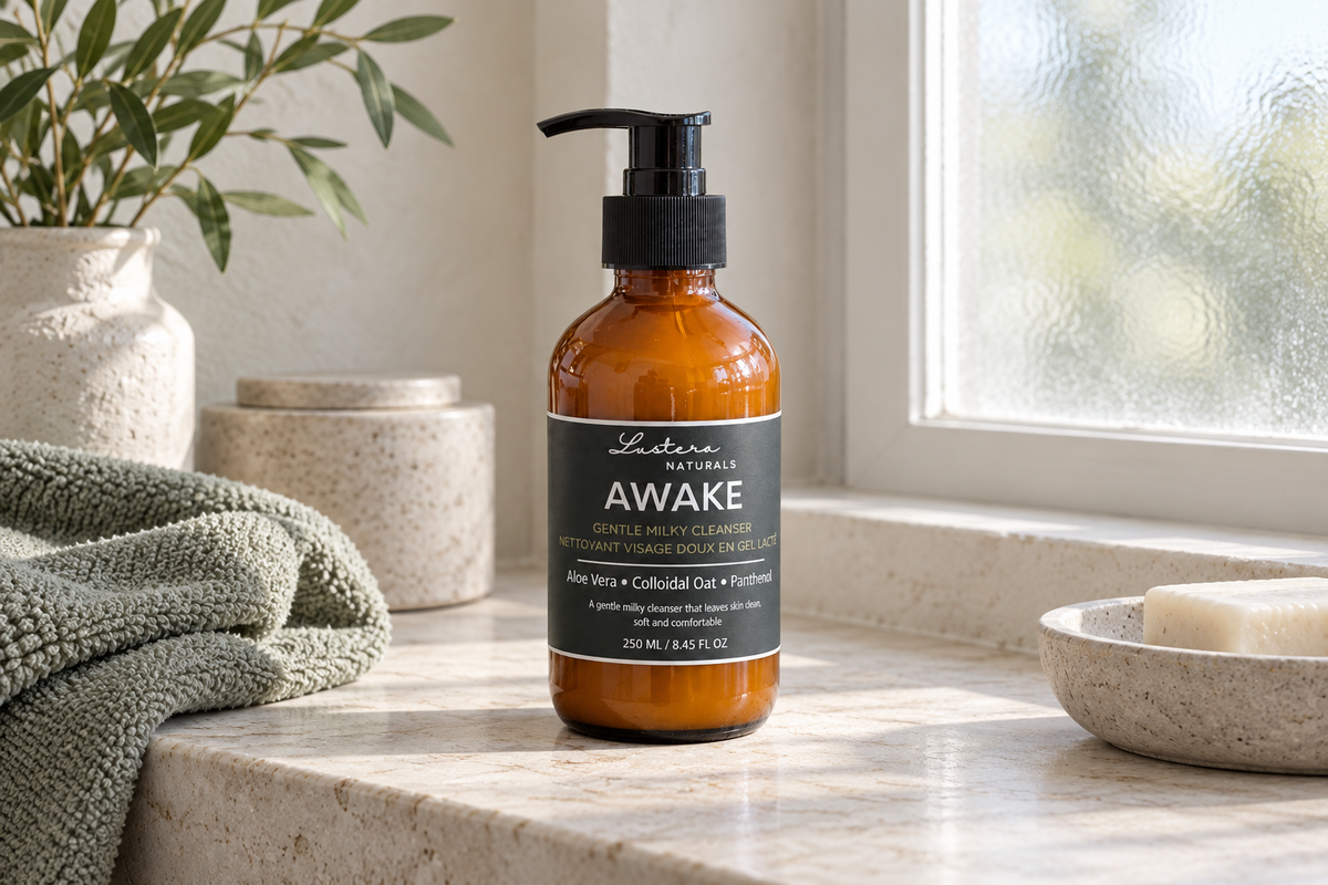 Lustera Awake cleanser in a complete amber pump bottle beside a frosted window and sage towel