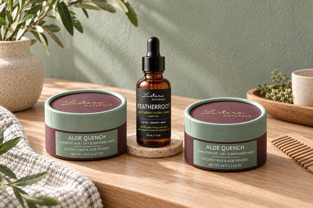 Aloe Quench shampoo and conditioner boxes with FeatherRoot hair oil on an oak shelf against a sage wall