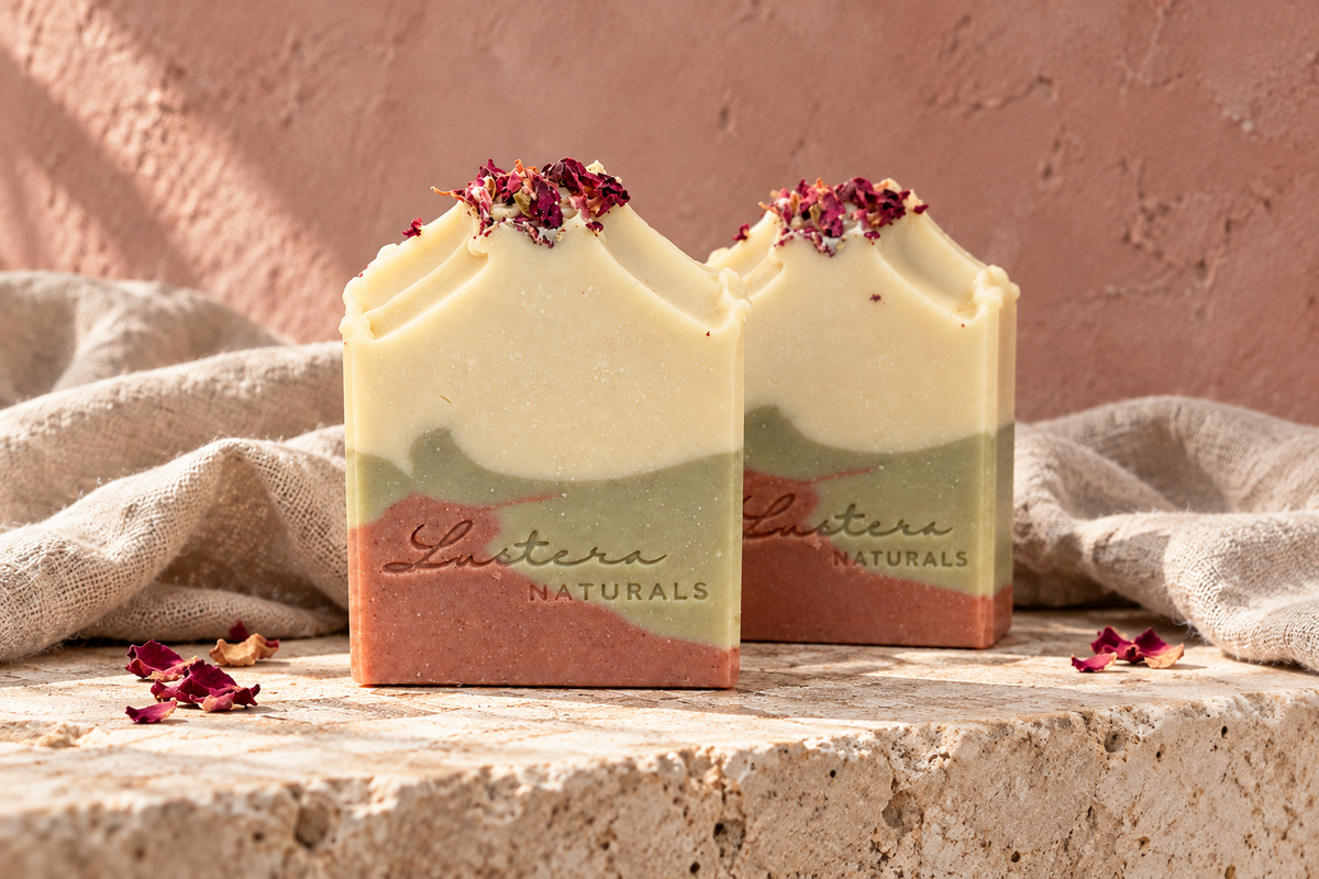 Two Moss & Petals soap bars with cream, sage and terracotta layers on limestone and linen