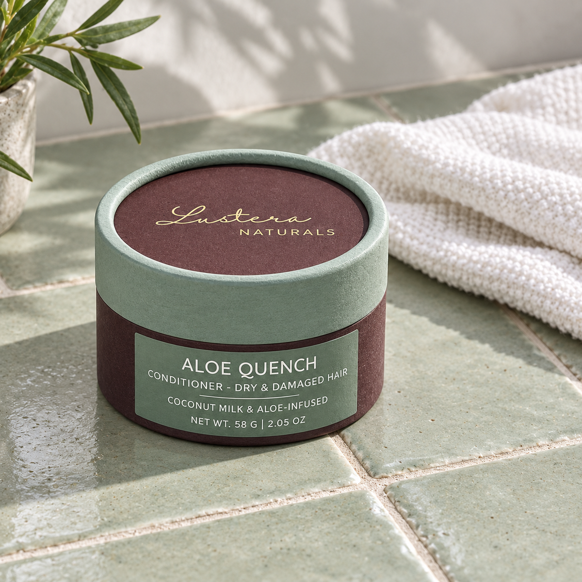Aloe Quench conditioner bar box, 58 g, photographed from above on cool sage tile with white cotton