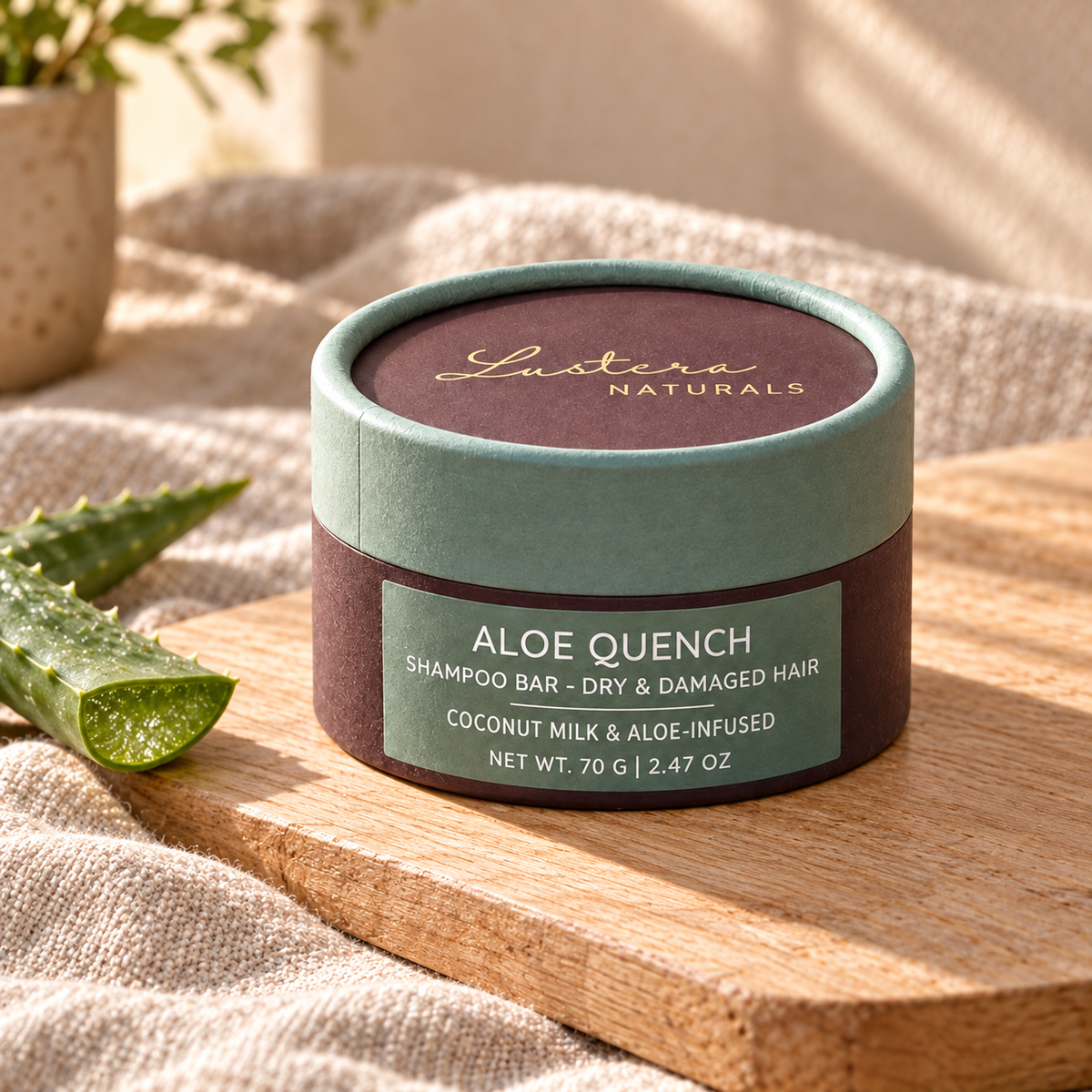 Aloe Quench shampoo bar box, 70 g, on warm oak and oatmeal linen beside an aloe leaf