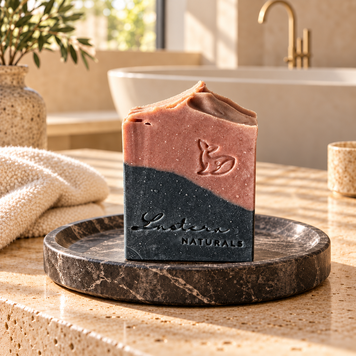 One upright Lustera Naturals Meliya Aanmai soap bar with rose-brown and charcoal layers on a dark marble dish in a luxury bathroom