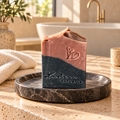 One upright Lustera Naturals Meliya Aanmai soap bar with rose-brown and charcoal layers on a dark marble dish in a luxury bathroom