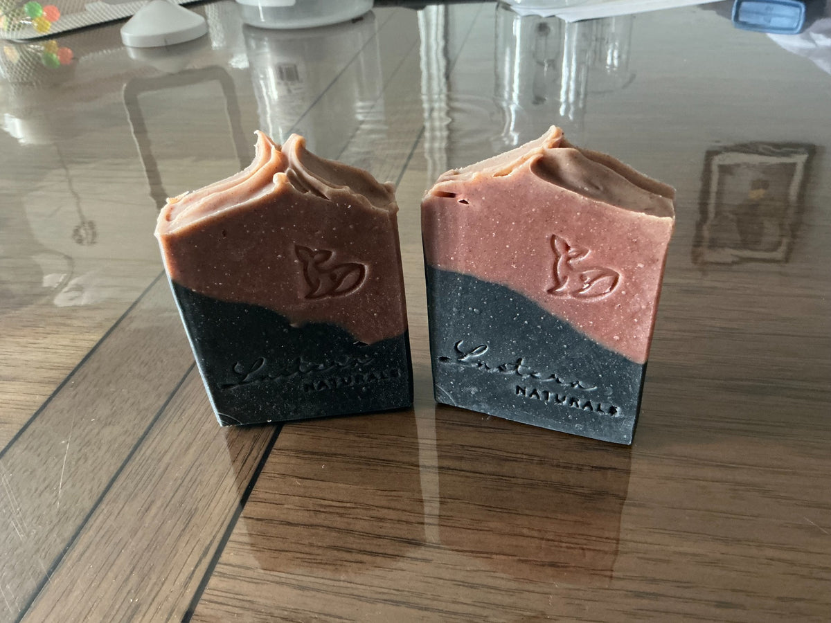 Two standing handmade Meliya Aanmai soap bars with rose-brown and charcoal layers, deer emblems and Lustera Naturals stamps
