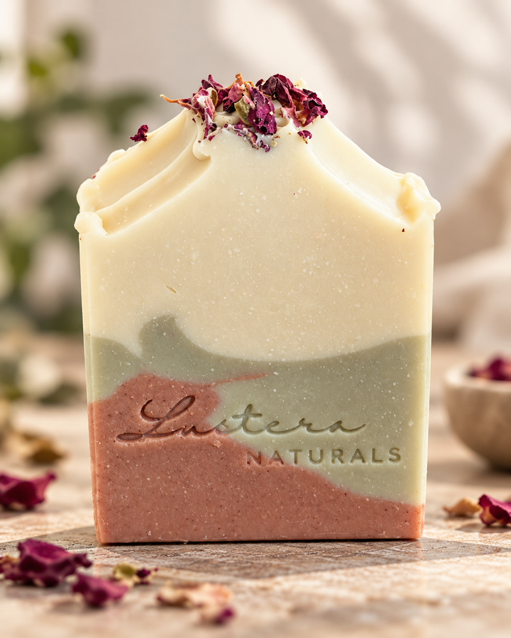 Moss & Petals layered botanical soap bar, front view with ivory, sage and dusty rose layers