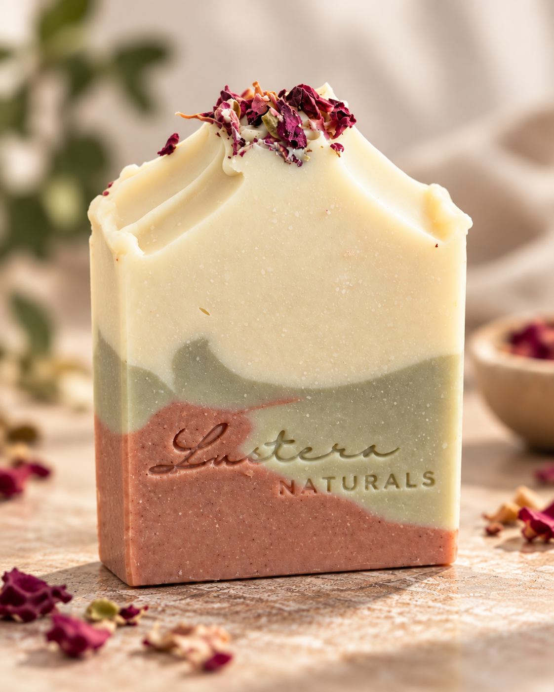 Moss & Petals artisan soap bar, angled view