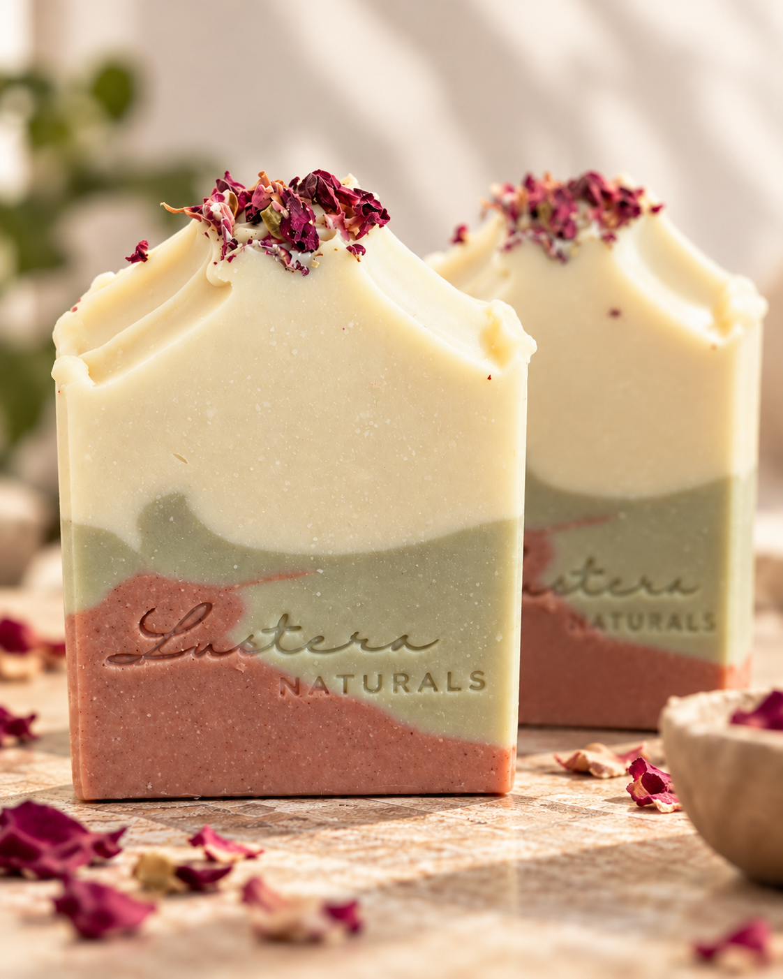 Two Moss & Petals handmade soap bars with dried rose petals
