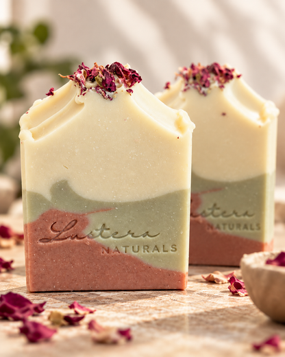 Two Moss & Petals handmade soap bars with dried rose petals