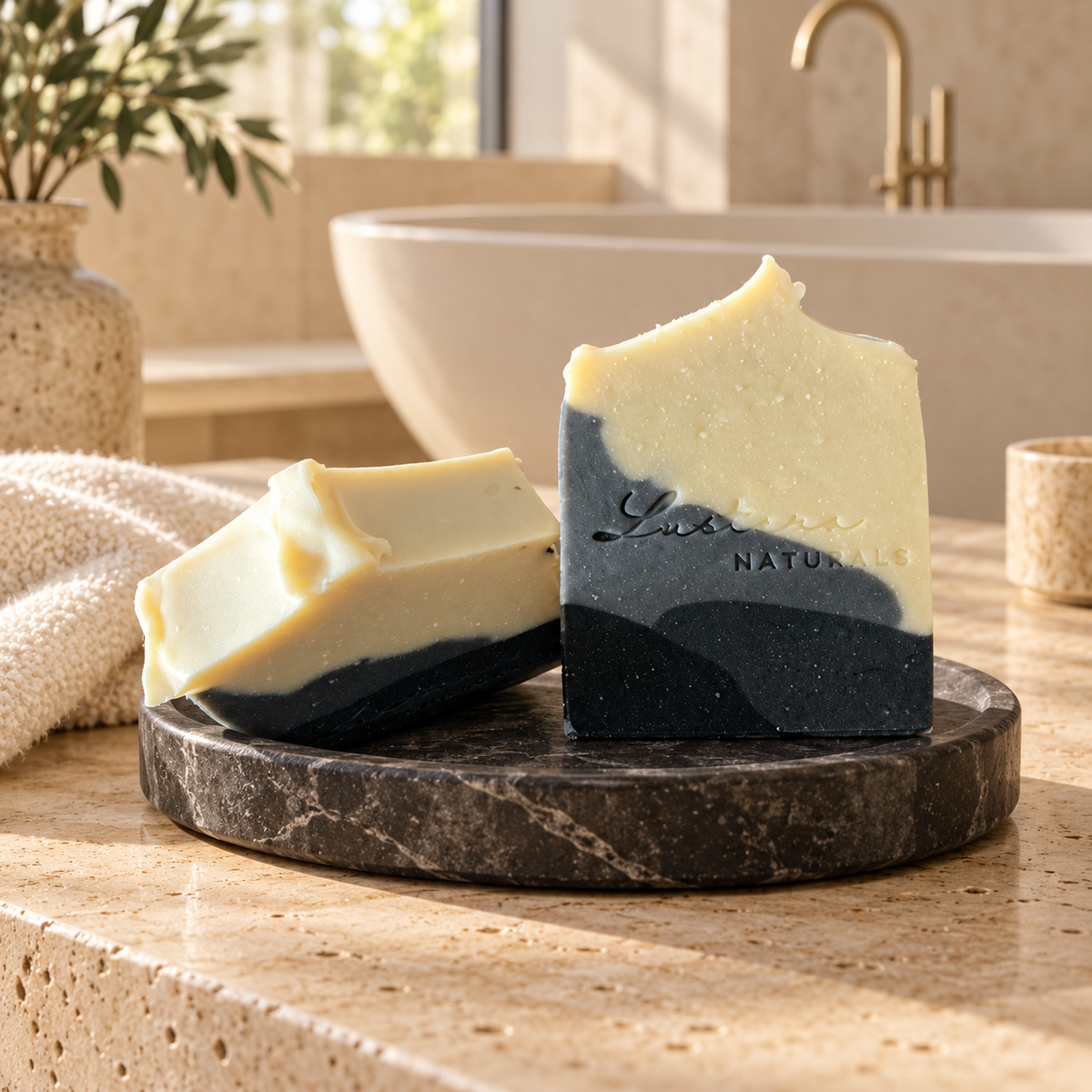 Lustera Naturals Obsidian soap bars on a dark stone dish in a luxurious warm stone bathroom