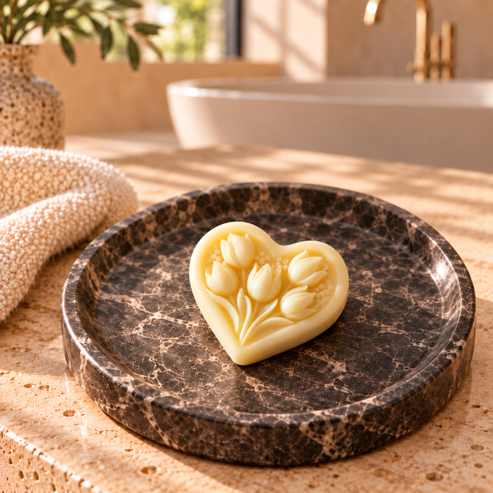 Small floral heart Plump lotion bar with raised tulips on a marble dish in a warm stone bathroom