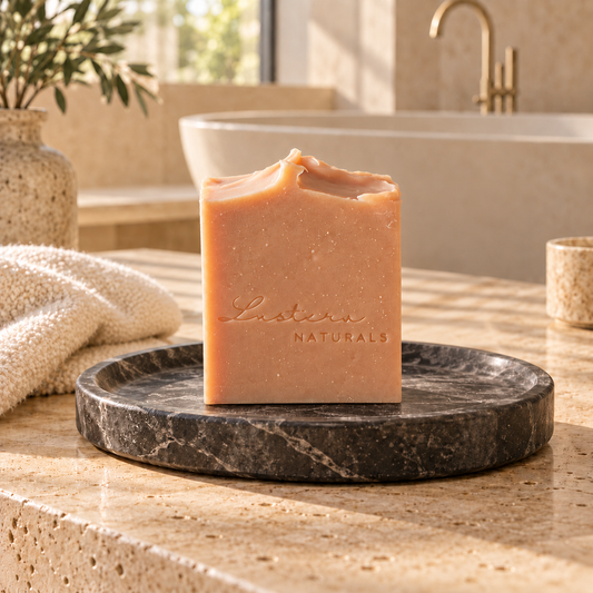 One upright Lustera Naturals Sandalwood soap bar on a dark marble dish in a luxurious warm stone bathroom