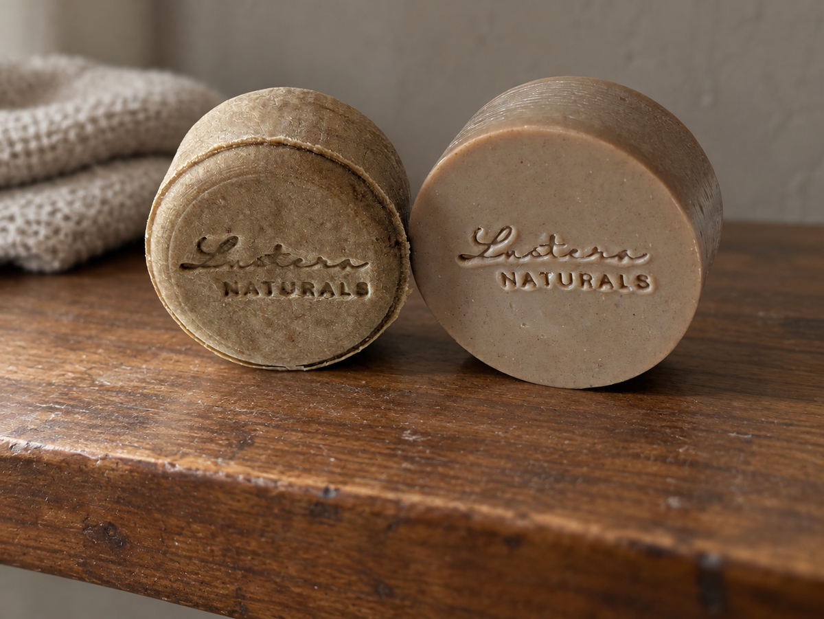 Scalp Sanctuary shampoo and conditioner bars on a worn wooden shelf in soft daylight