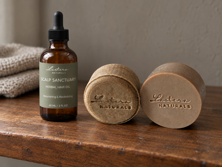 Scalp Sanctuary herbal hair oil beside the shampoo and conditioner bars on a worn wooden shelf