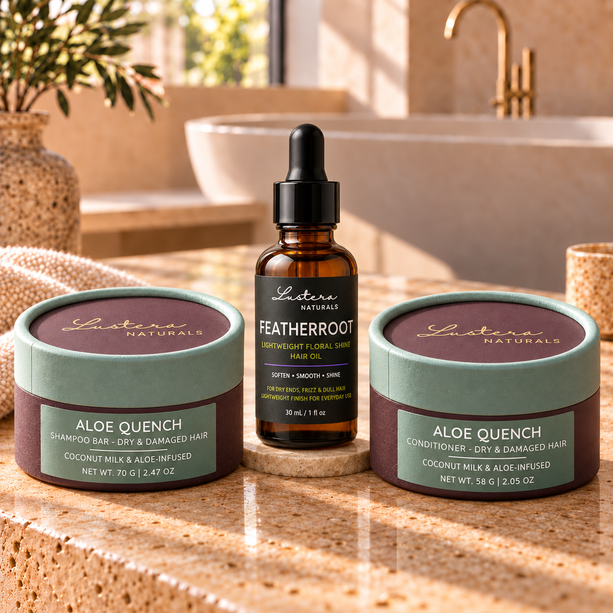 Soft Shine Trio: one 70 g Aloe Quench shampoo bar box, one 58 g Aloe Quench conditioner bar box and one 30 mL FeatherRoot hair oil bottle in a luxury bathroom